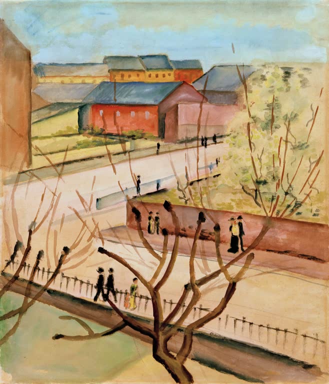 Kunstdruck des Gemäldes „Blick auf unsere Straße im Frühling“ von August Macke. Hochwertig in Deutschland von Hand gefertigt, erhältlich als Poster oder Leinwand und optional gerahmt.