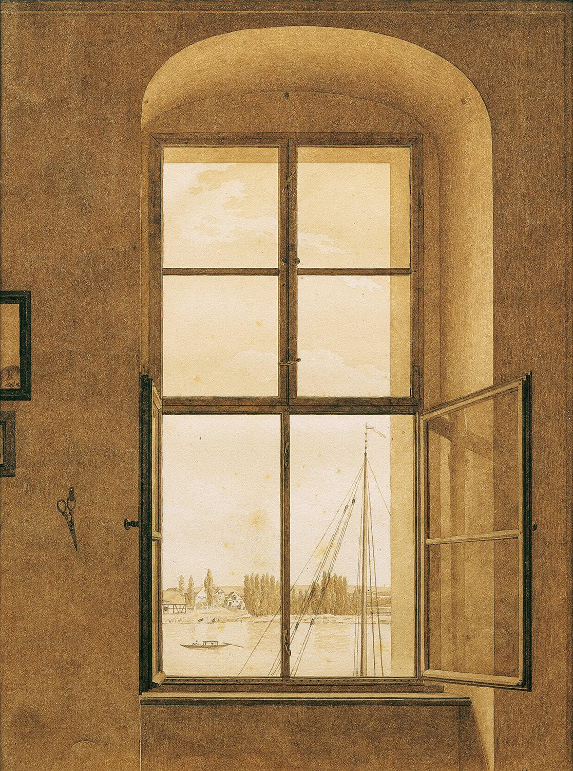 Ein Blick aus dem rechten Fenster eines Ateliers, gemalt von Caspar David Friedrich. Das Gemälde zeigt eine schlichte, ruhige Landschaft mit Bäumen und einem fernen Horizont, eingefasst von einem Fensterrahmen, der den Blick nach außen lenkt. Subtile Lichtakzente schaffen eine friedliche Atmosphäre.