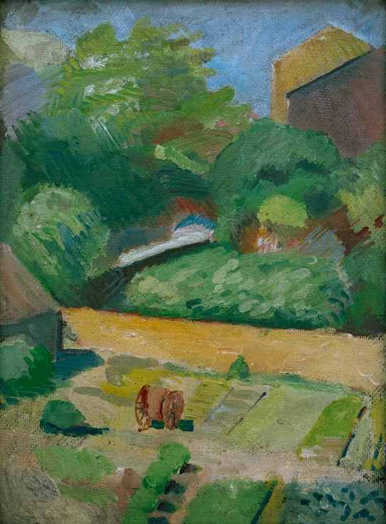 Kunstdruck des Gemäldes „Blick in den Nachbargarten (Bonn)“ von August Macke. Hochwertig in Deutschland von Hand gefertigt, erhältlich als Poster oder Leinwand und optional gerahmt.