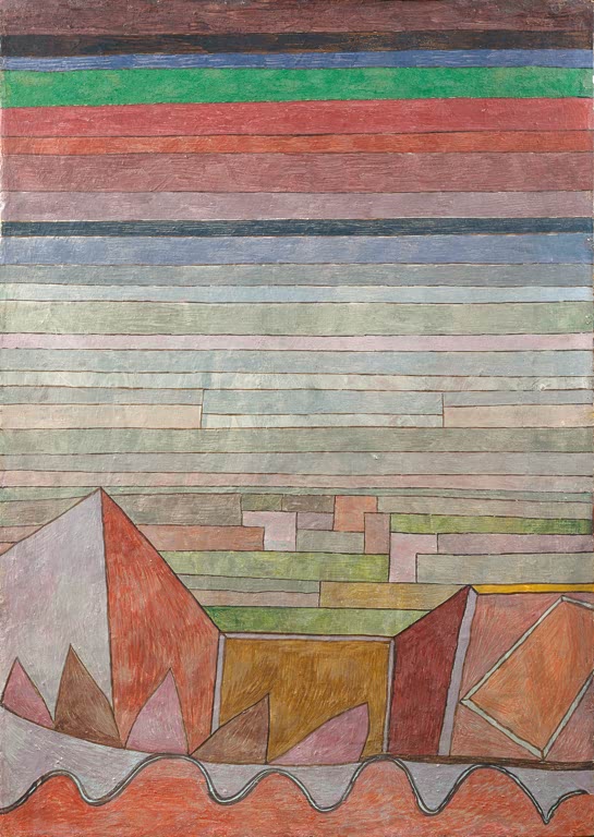 Kunstdruck von „Blick in das Fruchtland“ von Paul Klee mit farbenfroher Landschaftsdarstellung und abstrakten Formen.
