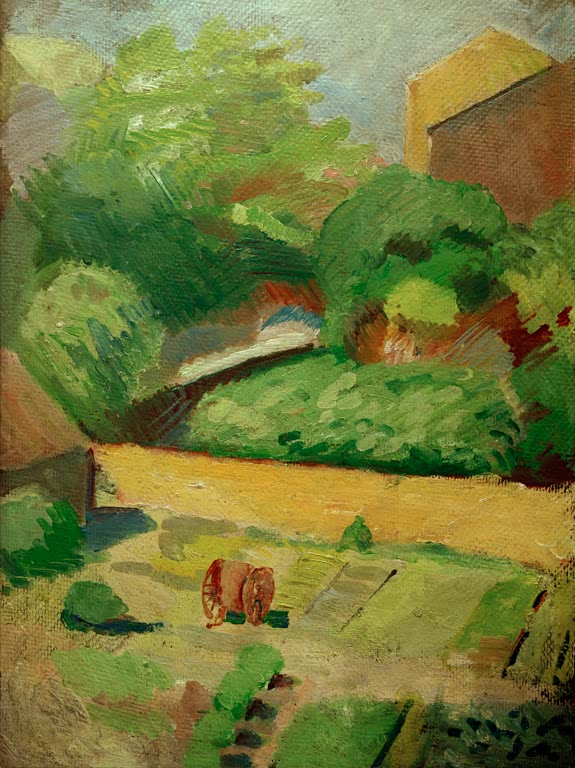 Kunstdruck des Gemäldes „Blick in den Nachbargarten (Bonn)“ von August Macke. Hochwertig in Deutschland von Hand gefertigt, erhältlich als Leinwand oder Poster und optional gerahmt.