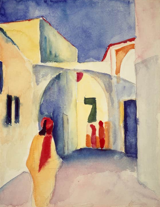 Kunstdruck des Gemäldes „Blick in eine Gasse in Tunis“ von August Macke. Hochwertig in Deutschland von Hand gefertigt, erhältlich als Poster oder Leinwand und optional gerahmt.