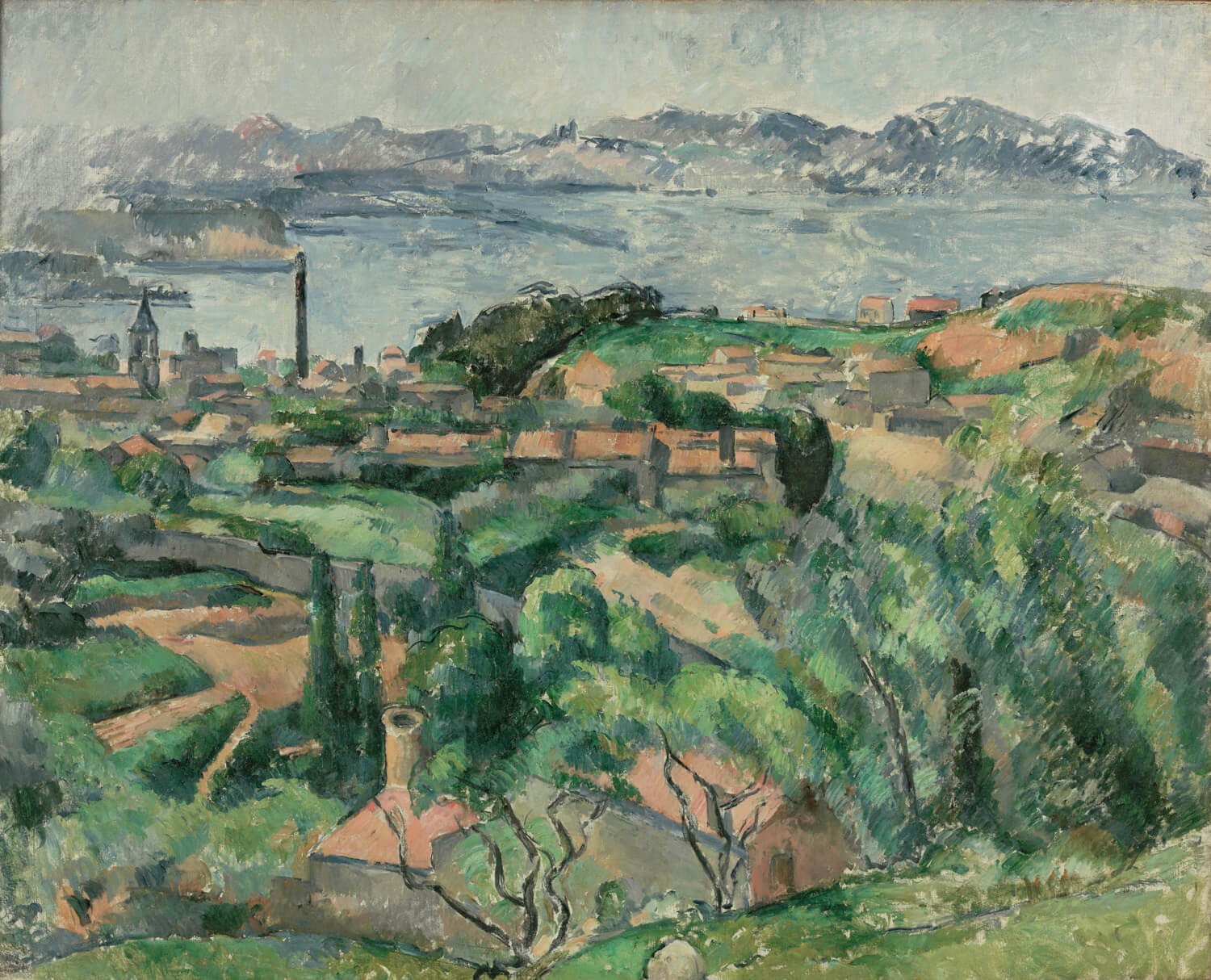 Blick auf die Bucht von Marseille mit dem Dorf Saint-Henri von Paul Cézanne – postimpressionistisches Landschaftsgemälde mit mediterraner Küstenszene, leuchtenden Farben und harmonischer Komposition.