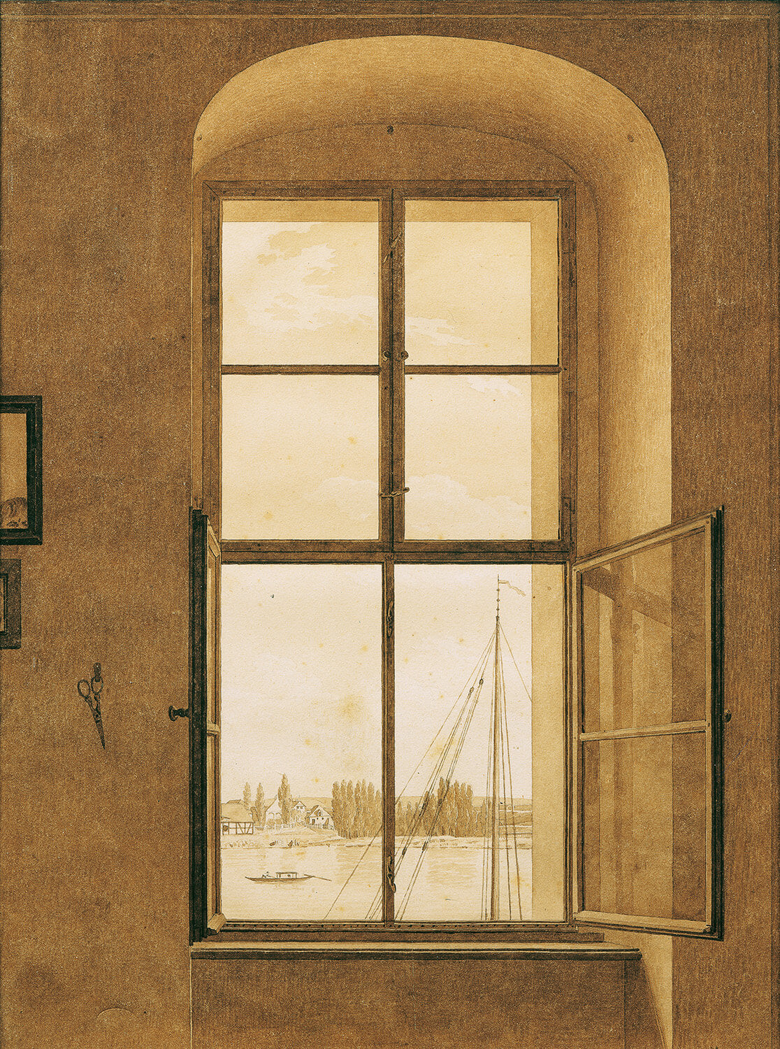 Ein Blick aus dem rechten Fenster eines Ateliers, gemalt von Caspar David Friedrich. Das Gemälde zeigt eine schlichte, ruhige Landschaft mit Bäumen und einem fernen Horizont, eingefasst von einem Fensterrahmen, der den Blick nach außen lenkt. Subtile Lichtakzente schaffen eine friedliche Atmosphäre.