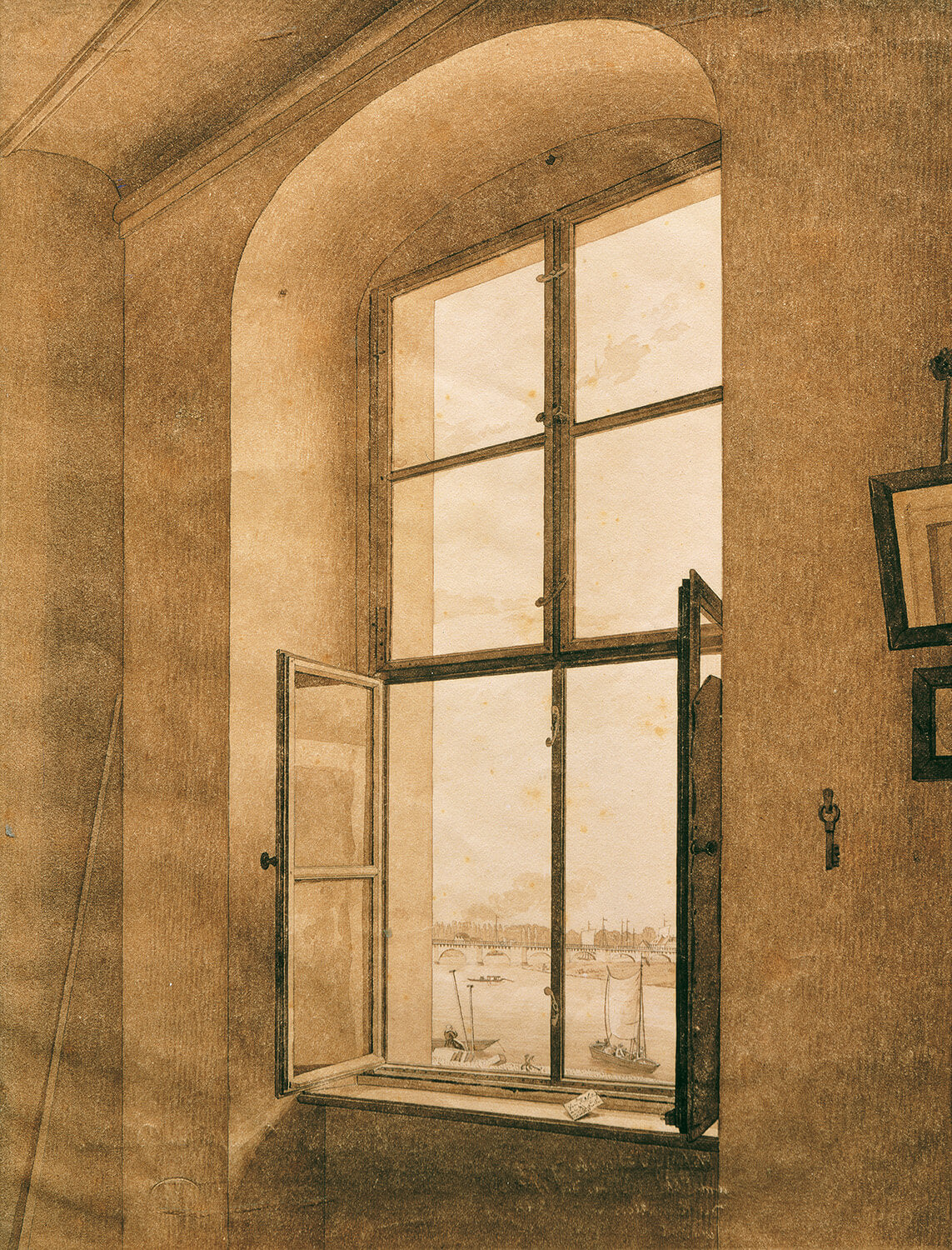 Gemälde von Caspar David Friedrich, das den Blick aus einem Atelierfenster auf die Elbe in Dresden zeigt. Der Fensterrahmen teilt das Bild in klare Flächen, während der Fluss, sanfte Hügel und der Himmel in zarten Farben die Landschaft einfangen.