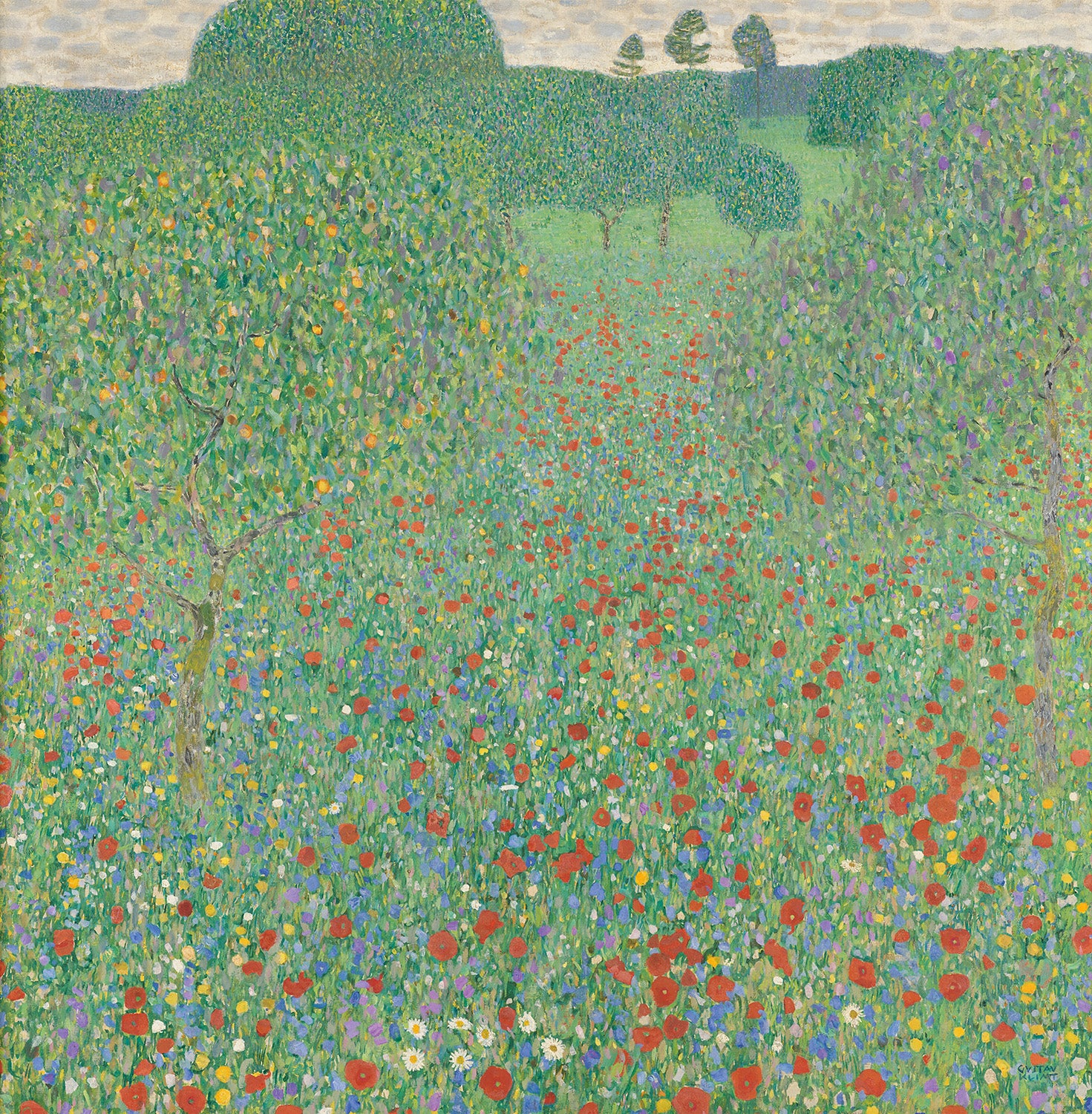 Das Gemälde „Blühender Mohn“ von Gustav Klimt zeigt eine farbenfrohe Blumenwiese mit leuchtend roten Mohnblumen, eingebettet in sattes Grün und bunte Blüten. Die impressionistische Malweise verleiht dem Werk eine lebendige, fast träumerische Atmosphäre.