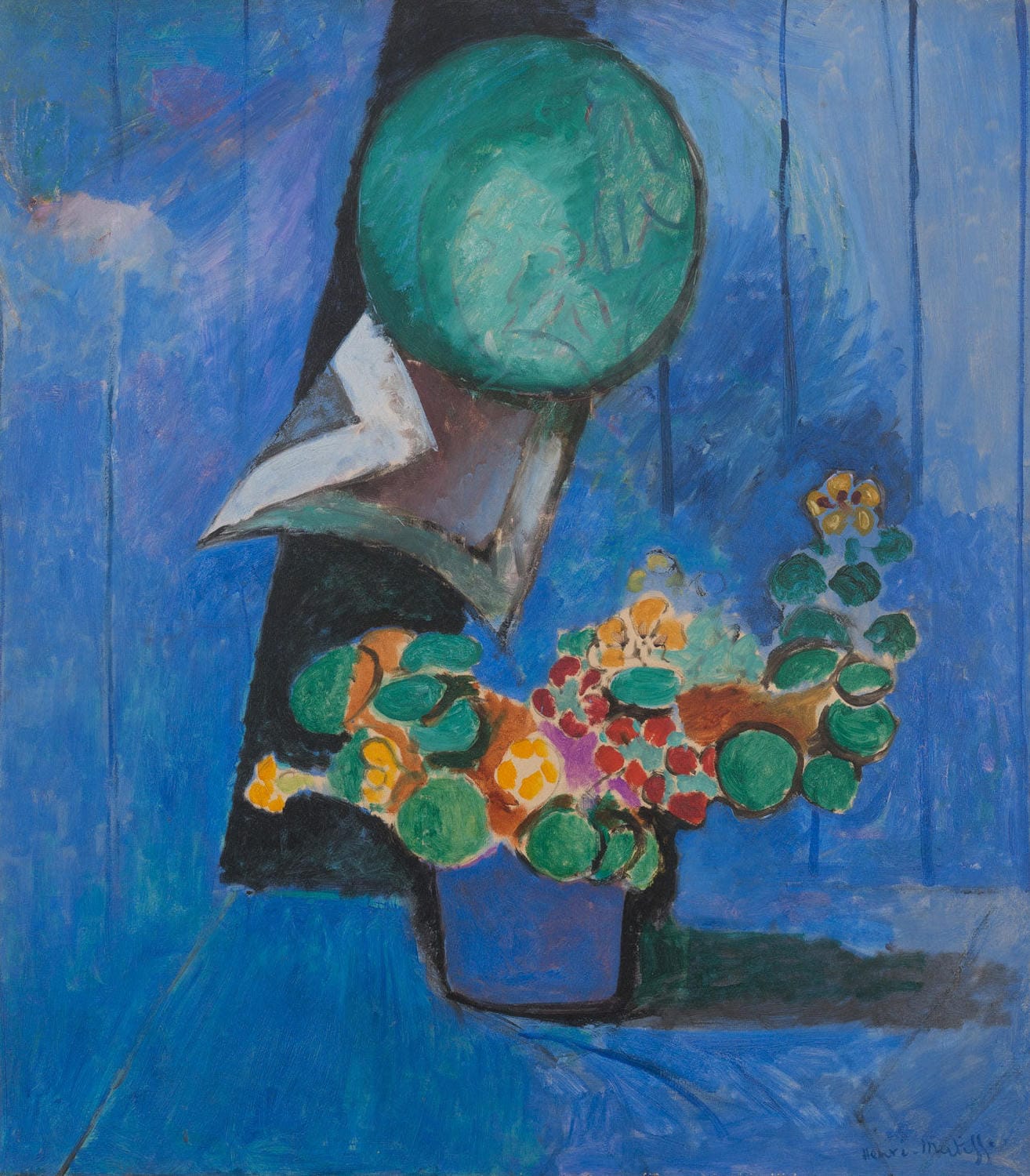 Farbenfrohes Gemälde "Blumen und Keramik" von Henri Matisse mit leuchtenden Blumen in einer dekorativen Vase auf blauem Hintergrund.