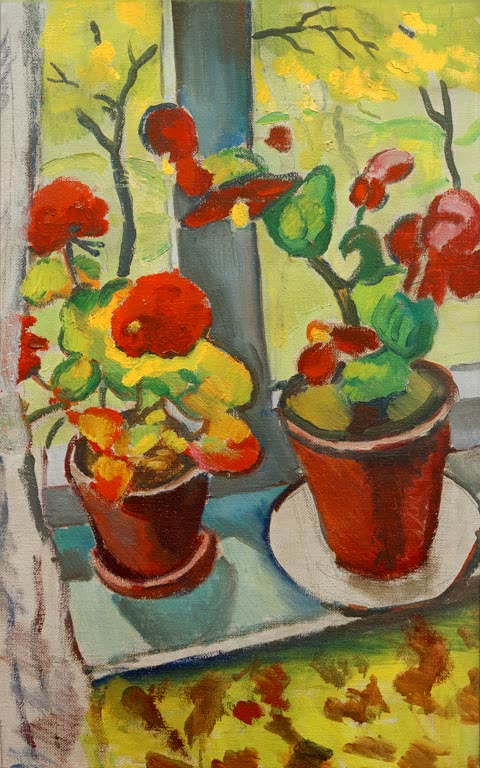 Kunstdruck des Gemäldes „Blumen am Fenster (Begonien in Töpfen I)“ von August Macke. Hochwertig in Deutschland von Hand gefertigt, erhältlich als Leinwand oder Poster und optional gerahmt.