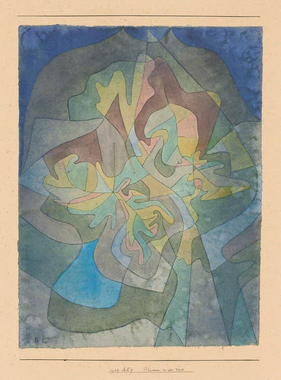 Kunstdruck „Blumen in der Vase“ von Paul Klee mit stilisiertem Blumenstrauß in einer Vase und abstrakter Farbgestaltung