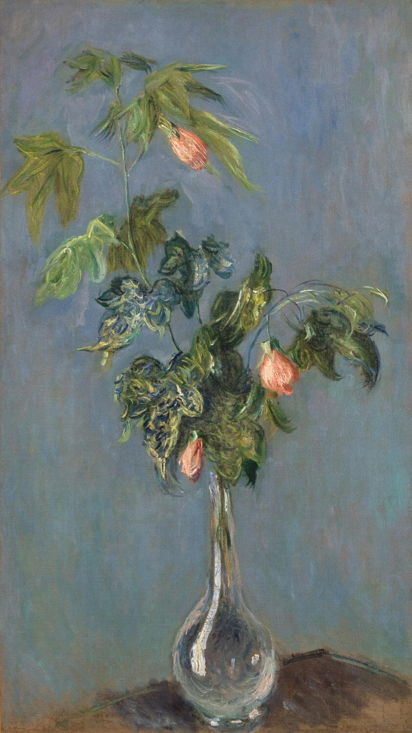 Impressionistisches Stillleben mit einem üppigen Blumenstrauß in einer Vase, lebendige Farben und lockere Pinselstriche von Claude Monet.