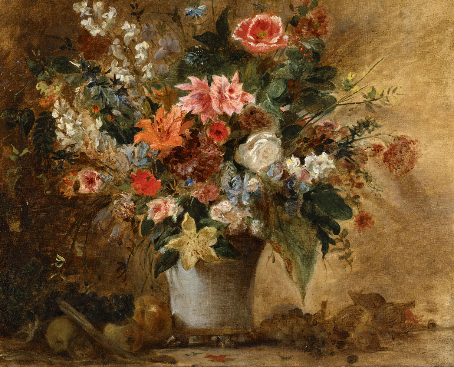 Blumenstillleben von Eugène Delacroix: Ein lebendiges Stillleben mit üppigen Blumen in leuchtenden Farben, typisch für den romantischen Realismus