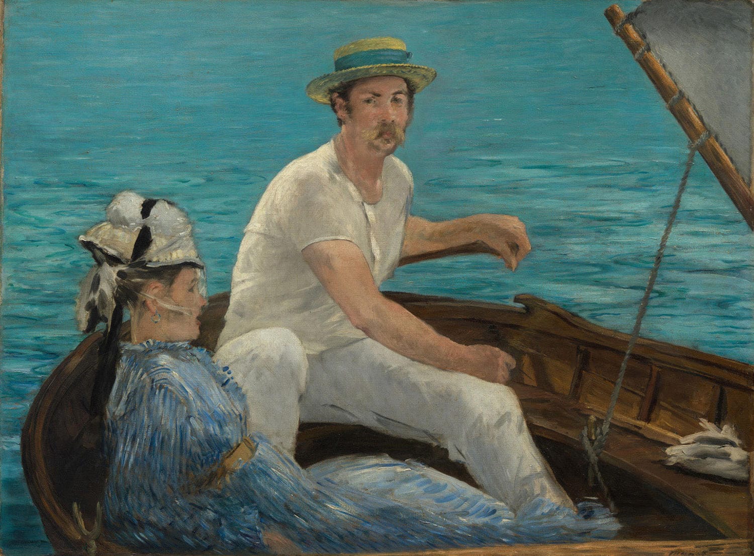 „Bootsfahrt“ von Édouard Manet zeigt eine elegante Dame in einem Boot, das sanft auf einem See dahinfährt. Die impressionistische Farbgebung und die Details der Wasserreflexionen verleihen dem Werk eine ruhige, sommerliche Atmosphäre, die den entspannten Moment meisterhaft einfängt.