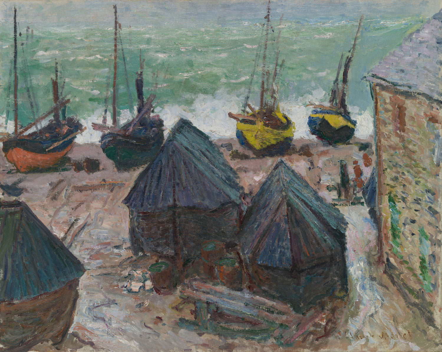 Gemälde von Claude Monet mit dem Titel 'Boats on the Beach at Étretat', das Fischerboote am Strand von Étretat in der Normandie zeigt, eingerahmt von rustikalen Hütten und den sanften Wellen des Meeres, gemalt im impressionistischen Stil.