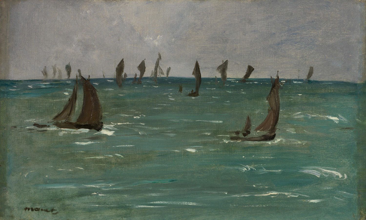 Impressionistisches Gemälde 'Boote in Berck-sur-Mer' von Édouard Manet, das Boote in den Wellen des Meeres darstellt, mit lebendigen Farben und dynamischer Bewegung.