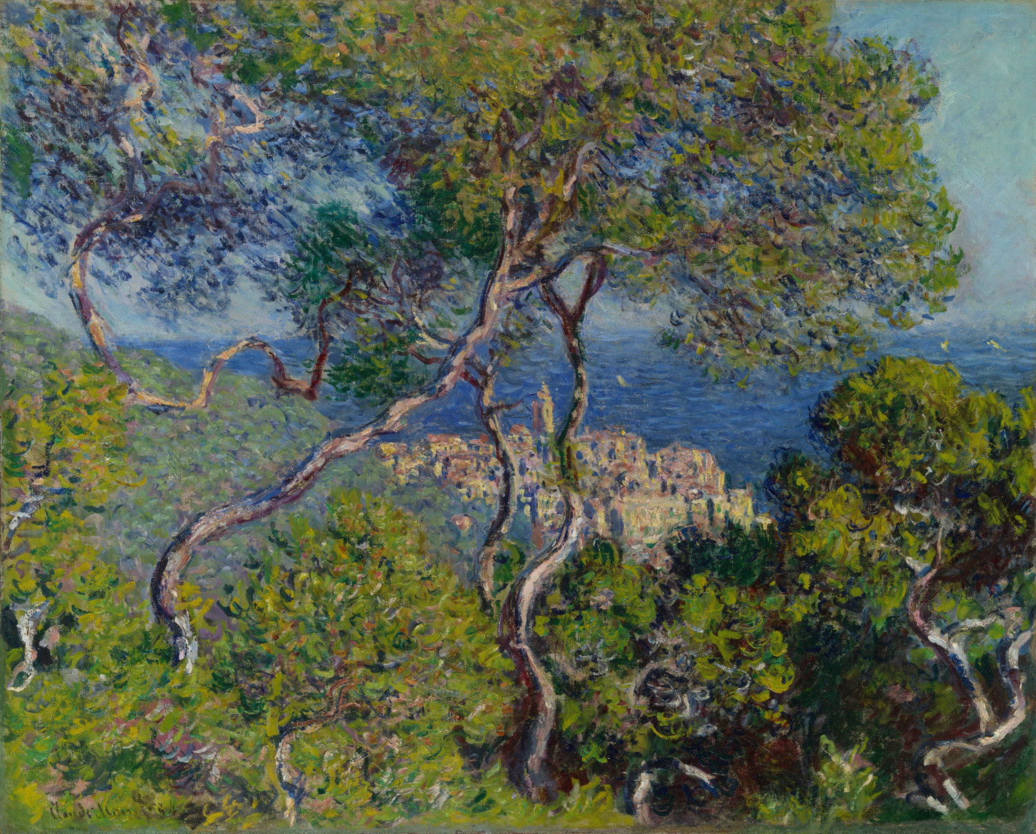 Kunstkopie von Bordighera von Claude Monet, die eine mediterrane Küstenlandschaft mit lebendigen Farben und sanftem Sonnenlicht darstellt, typisch für Monets impressionistischen Stil.