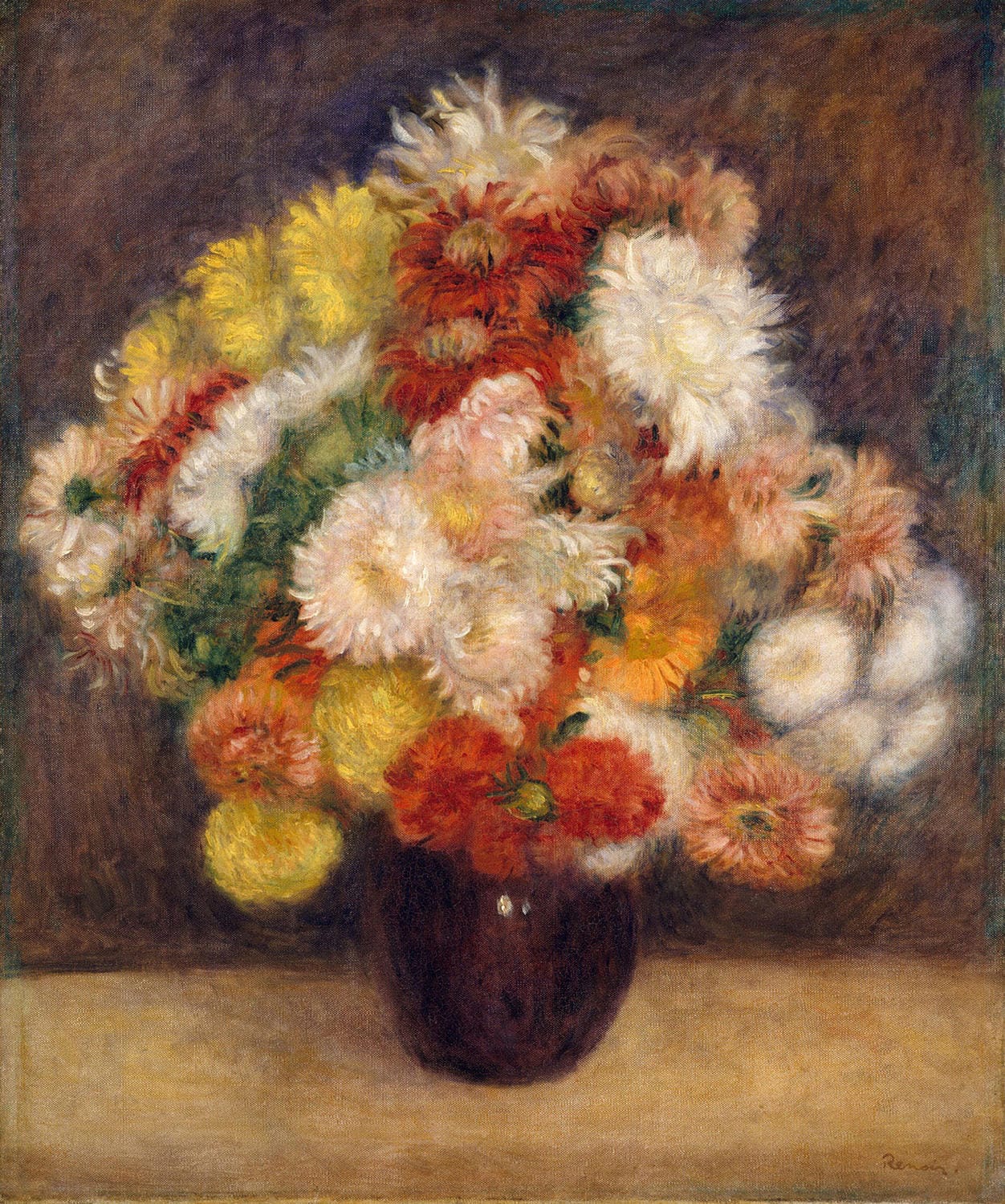Das Gemälde "Blumenstrauß aus Chrysanthemen" von Pierre-Auguste Renoir zeigt ein prächtiges Arrangement von Chrysanthemen in lebendigen Farben. Die detaillierte Darstellung der Blüten spiegelt die feine Kunstfertigkeit des Impressionismus wider und fängt die natürliche Schönheit dieser Blumen meisterhaft ein.