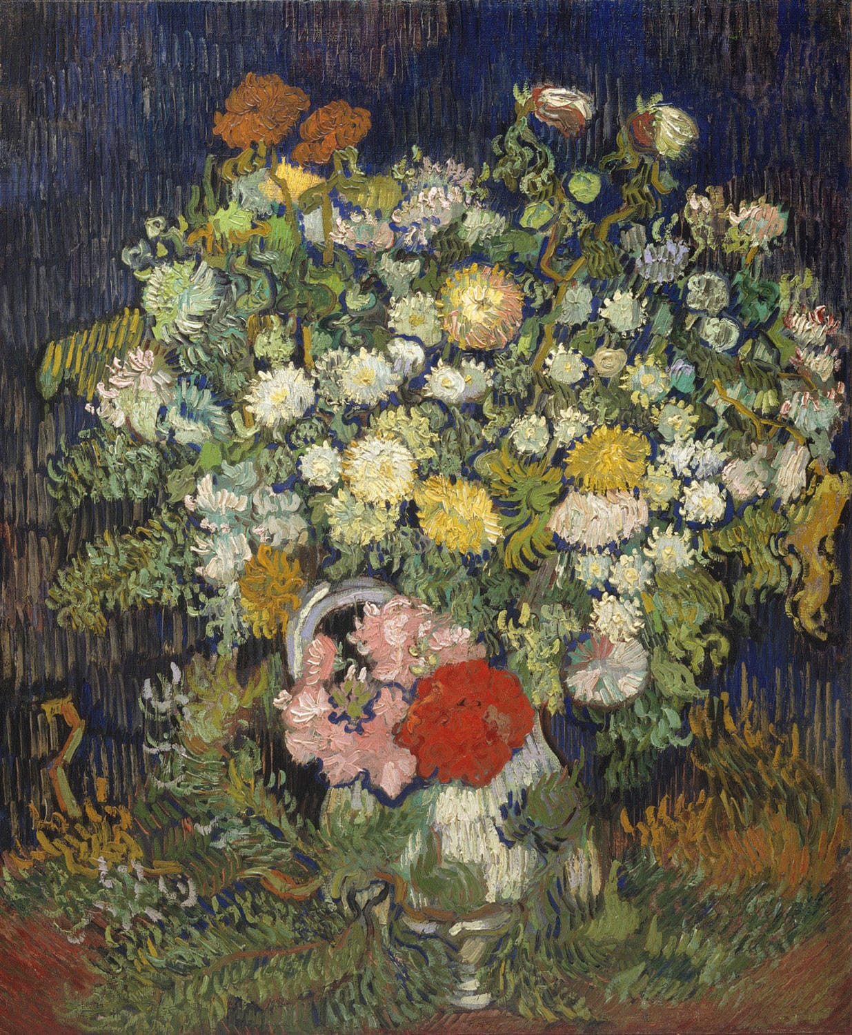 Leuchtender Blumenstrauß in einer Vase, gemalt von Vincent van Gogh im Jahr 1886, mit kräftigen Farben und dynamischen Pinselstrichen im postimpressionistischen Stil.