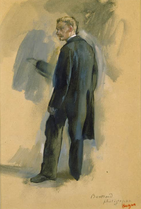 Kunstdruck des Gemäldes Boussard der Fotograf von Edgar Degas mit dem Porträt des Fotografen Boussard in einer Innenraumszene.