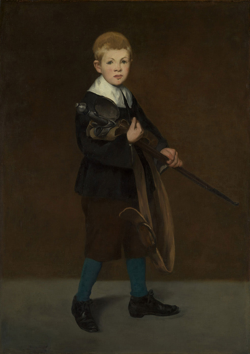 „Junge mit einem Schwert“ von Édouard Manet zeigt einen Jungen mit einem Schwert in der Hand, der in einer heroischen Pose dargestellt wird. Das Gemälde fängt die Mischung aus Unschuld und Entschlossenheit des Jungen ein, wobei der ausdrucksstarke Gesichtsausdruck und die lebendigen Farben das Bild intensivieren.