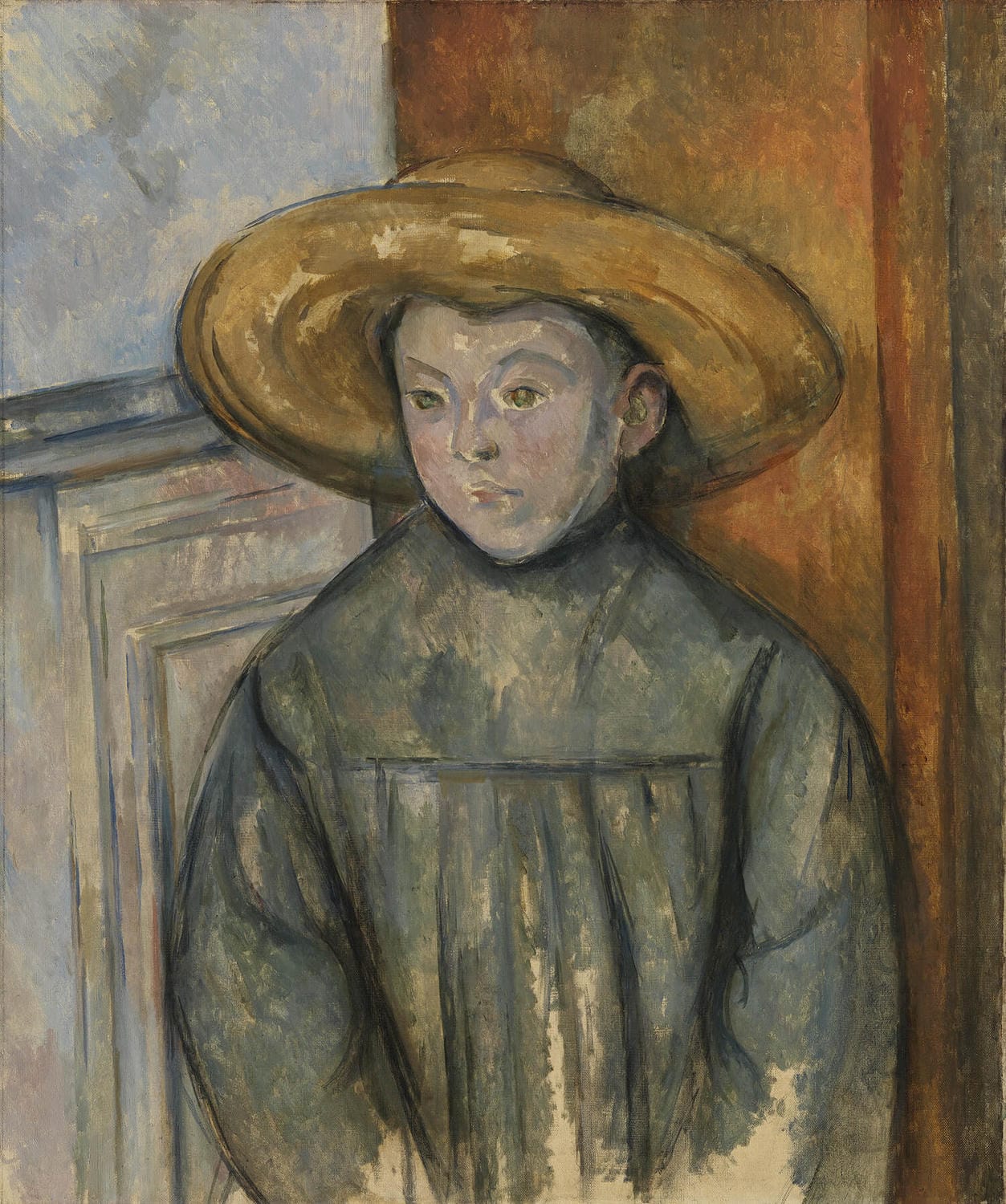 Das Gemälde „Junge mit Strohhut“ von Paul Cézanne zeigt ein Porträt eines Kindes mit einem Strohhut. Die kräftigen Farben und die lebendige Darstellung des Gesichts und der Kleidung des Kindes spiegeln Cézannes charakteristische Maltechnik wider, die eine starke Präsenz und emotionale Tiefe vermittelt.