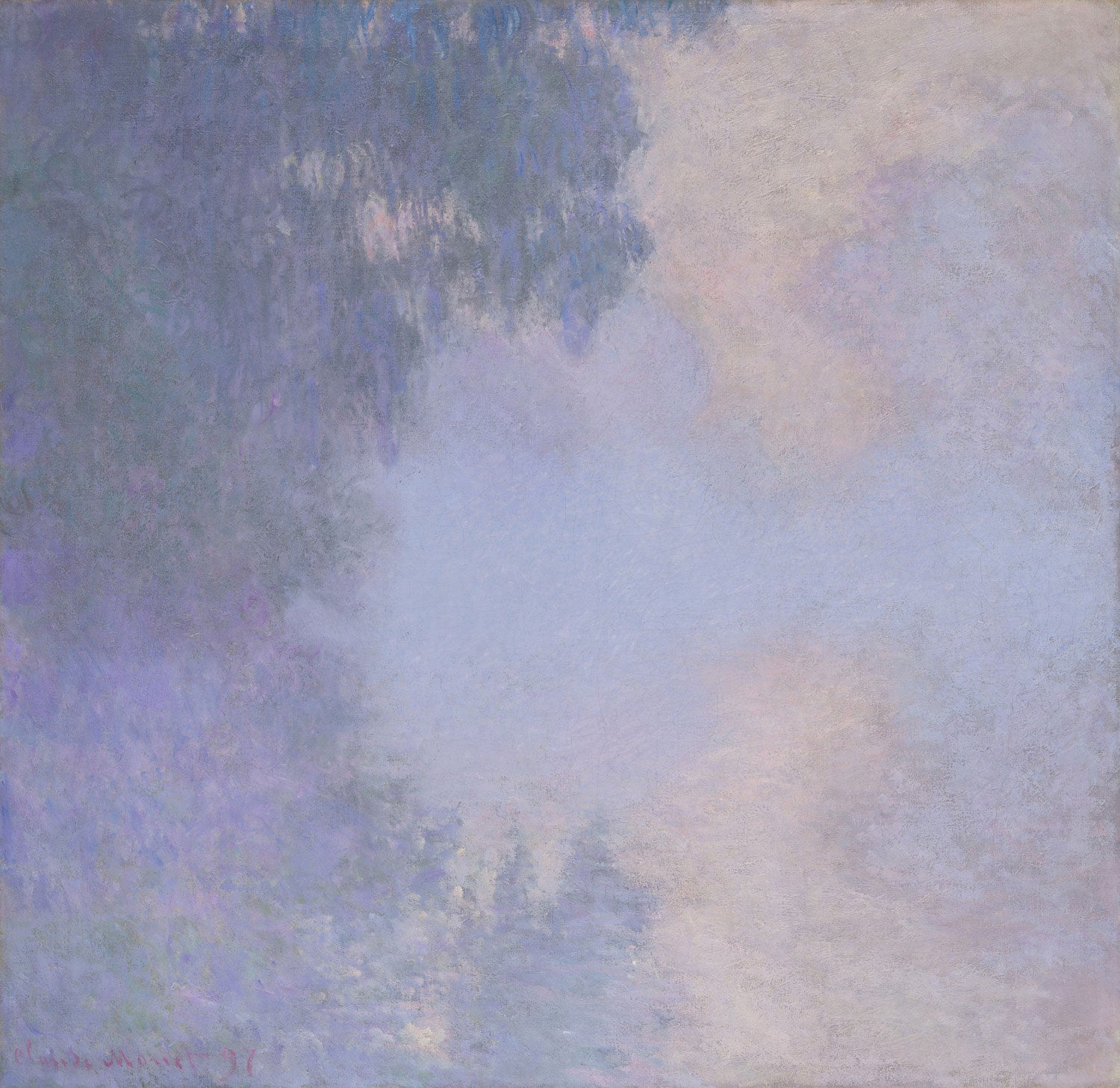 Kunstkopie von Branch of the Seine near Giverny (Mist), ein impressionistisches Gemälde von Claude Monet, das eine ruhige Morgenstimmung am Ufer der Seine mit sanften Nebelschwaden und zartem Licht zeigt.