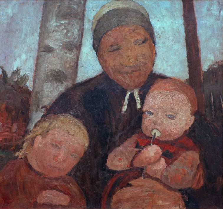 Kunstdruck von Brustbild einer Bäuerin mit Kind und Säugling zwischen Birk von Paula Modersohn-Becker – berührende Familienszene als hochwertiger Kunstdruck.