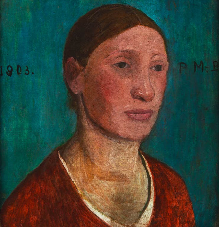 Kunstdruck des Gemäldes Brustbild einer Bauernfrau in rotem Kleid von Paula Modersohn-Becker mit dem Porträt einer Frau in einem roten Kleid.