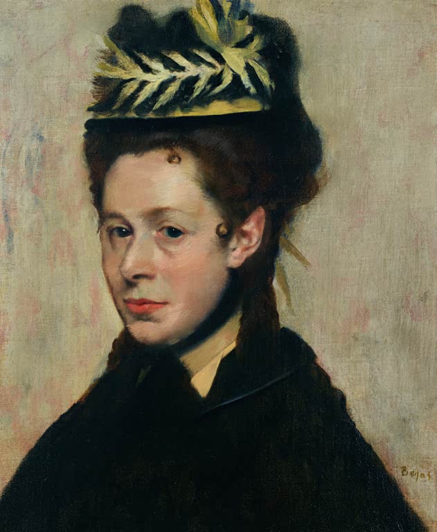 Kunstdruck von Brustbild einer Frau mit Federhut von Edgar Degas mit elegantem Damenporträt und charakteristischem Federhut.
