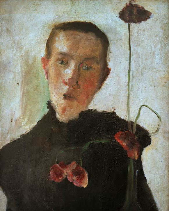 Kunstdruck von Brustbild einer Frau mit Mohnblüte von Paula Modersohn-Becker – ausdrucksstarkes Porträt mit Blume als hochwertiger Kunstdruck.