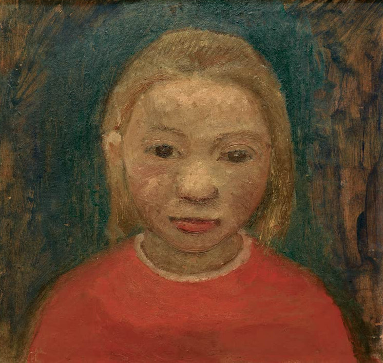 Kunstdruck des Gemäldes Brustbild eines Mädchens in rotem Kleid von Paula Modersohn-Becker mit dem Porträt eines Mädchens in einem roten Kleid.