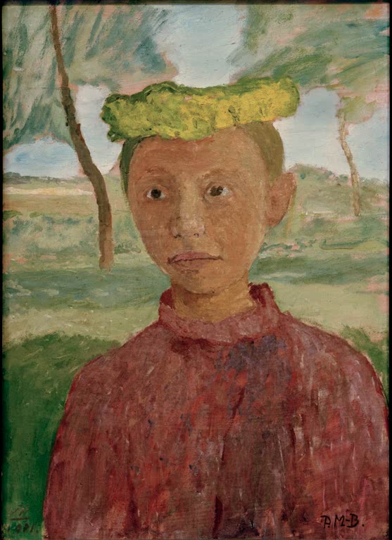 Kunstdruck von Brustbild eines Mädchens mit gelbem Kranz im Haar vor Lands von Paula Modersohn-Becker – farbenfrohes Mädchenporträt als hochwertiger Kunstdruck.