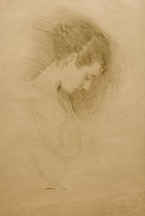 Kunstdruck des Gemäldes „Brustbild eines Mädchens mit gesenktem Kopf nach rechts“ von Gustav Klimt – hochwertige Reproduktion einer Porträtstudie.