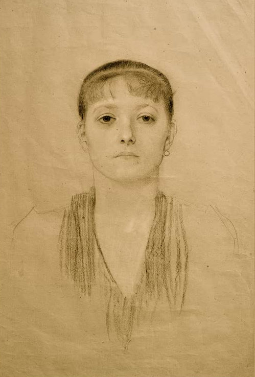 Kunstdruck des Gemäldes „Brustbild eines Mädchens von vorne“ von Gustav Klimt – hochwertige Reproduktion einer ausdrucksstarken Porträtstudie.