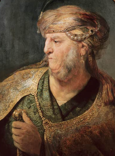 Kunstdruck von Rembrandts Gemälde „Brustbild eines Mannes in orientalischem Kostüm“ mit einem detailreichen Porträt.


