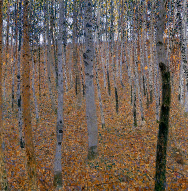 Kunstdruck des Gemäldes „Buchenwald I“ von Gustav Klimt – hochwertige Reproduktion einer stimmungsvollen Waldlandschaft des Jugendstils.