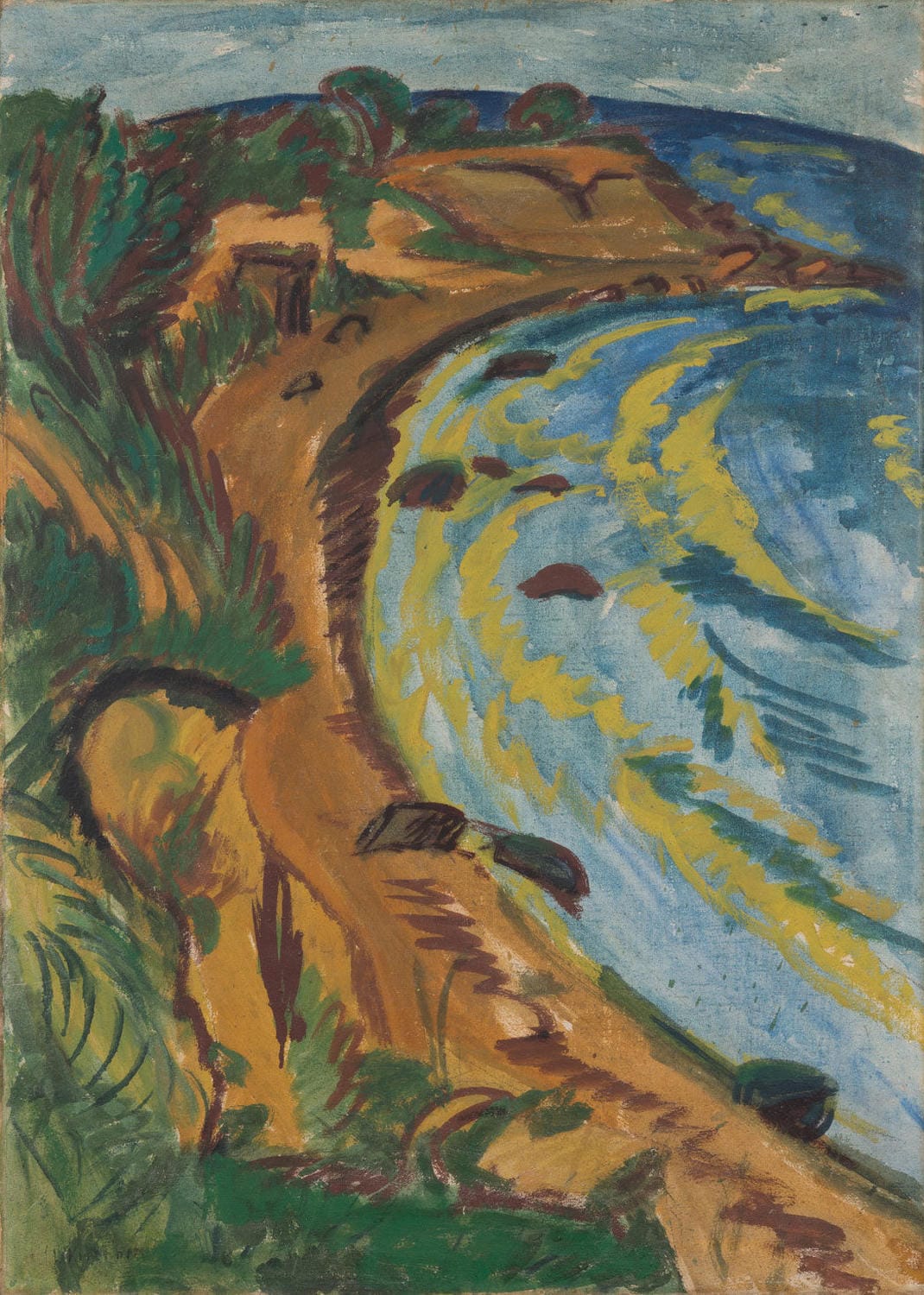 Expressionistisches Gemälde Bucht an der Fehmarnküste von Ernst Ludwig Kirchner – leuchtende Farben, dynamische Pinselstriche und eine lebendige Küstenlandschaft mit Meer, Himmel und grüner Natur.