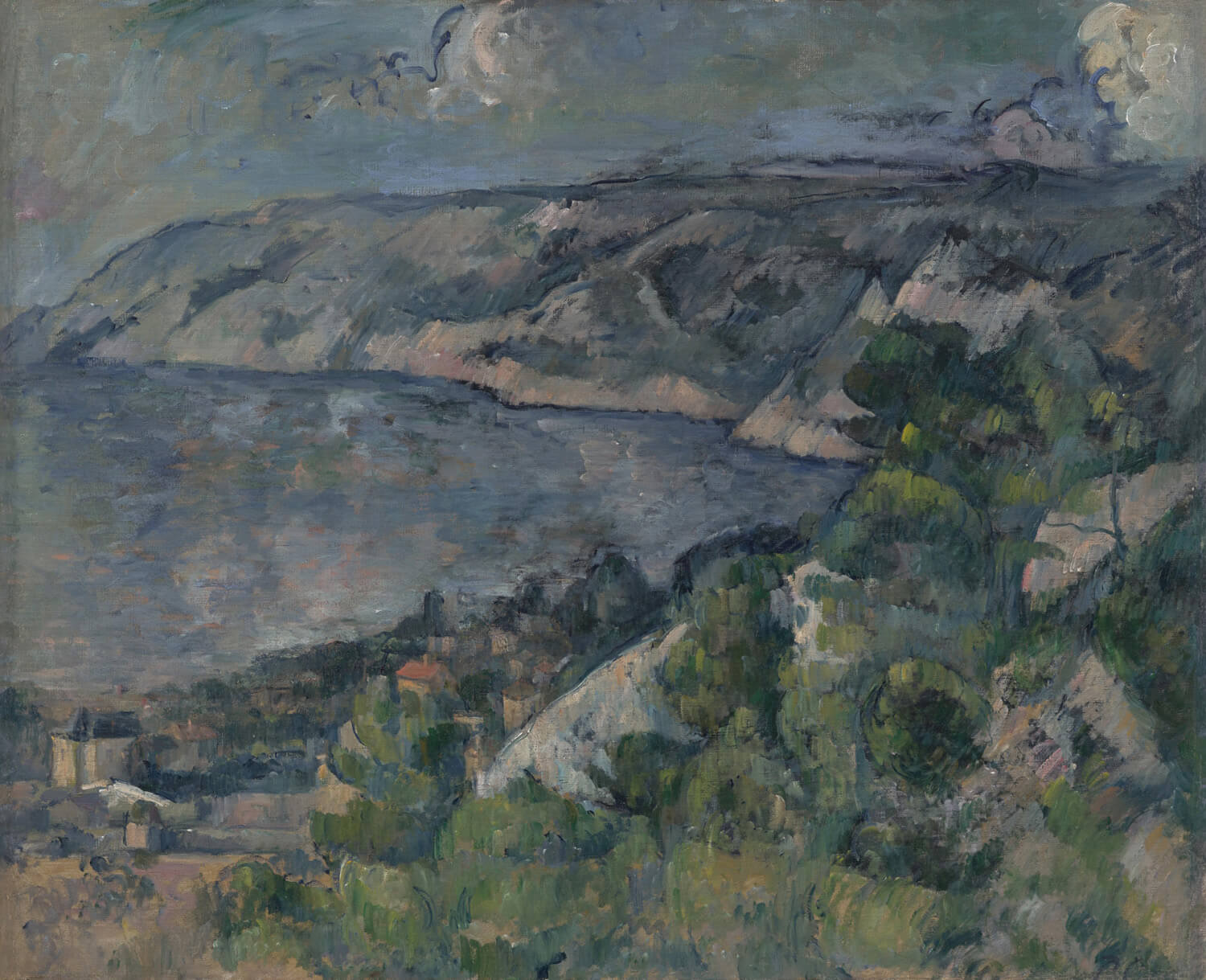 Bucht von L'Estaque von Paul Cézanne – ein postimpressionistisches Gemälde, das den Blick vom Dorf L'Estaque auf die Bucht von Marseille mit klaren Formen und Farben darstellt