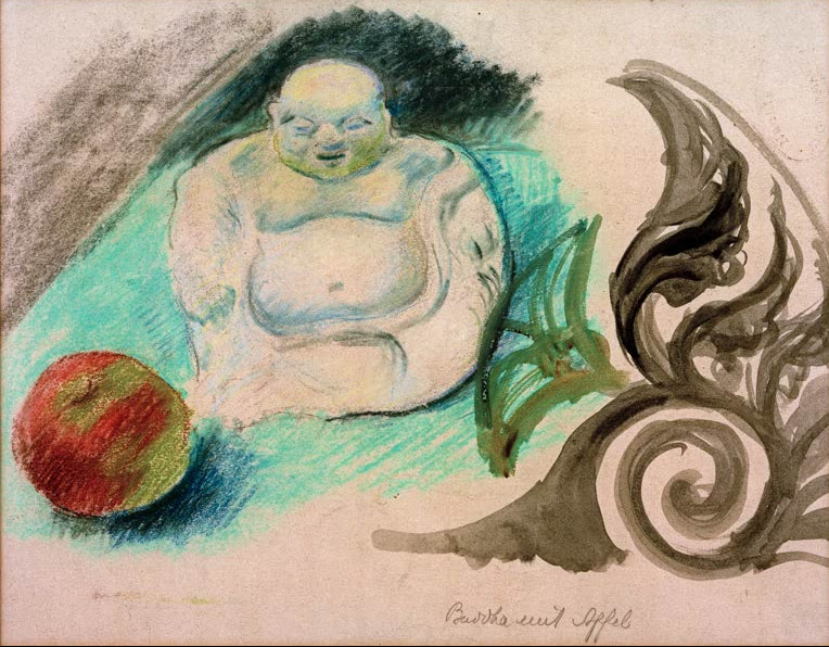 Kunstdruck des Gemäldes „Buddha mit Apfel“ von August Macke. Hochwertig in Deutschland von Hand gefertigt, erhältlich als Poster oder Leinwand und optional gerahmt.