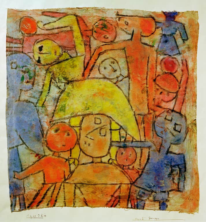 Kunstdruck „Bunte Gruppe“ von Paul Klee mit abstrakter Komposition aus farbenfrohen Figuren und Formen

