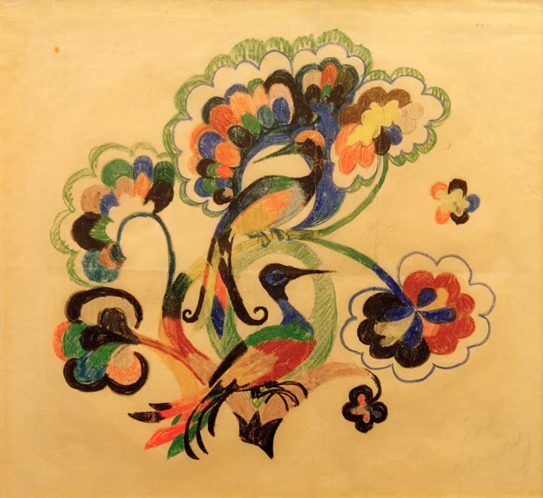 Kunstdruck des Gemäldes „Bunte Vögel in Bäumen, Entwurf für Stickerei“ von August Macke. Hochwertig in Deutschland von Hand gefertigt, erhältlich als Poster oder Leinwand und optional gerahmt.