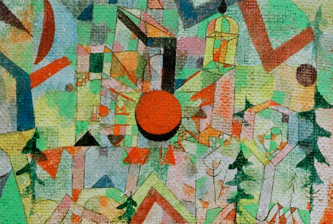 Kunstdruck des Gemäldes „Burg mit untergehender Sonne“ von Paul Klee – hochwertige Reproduktion eines farbenfrohen Kunstwerks mit architektonischen Formen.