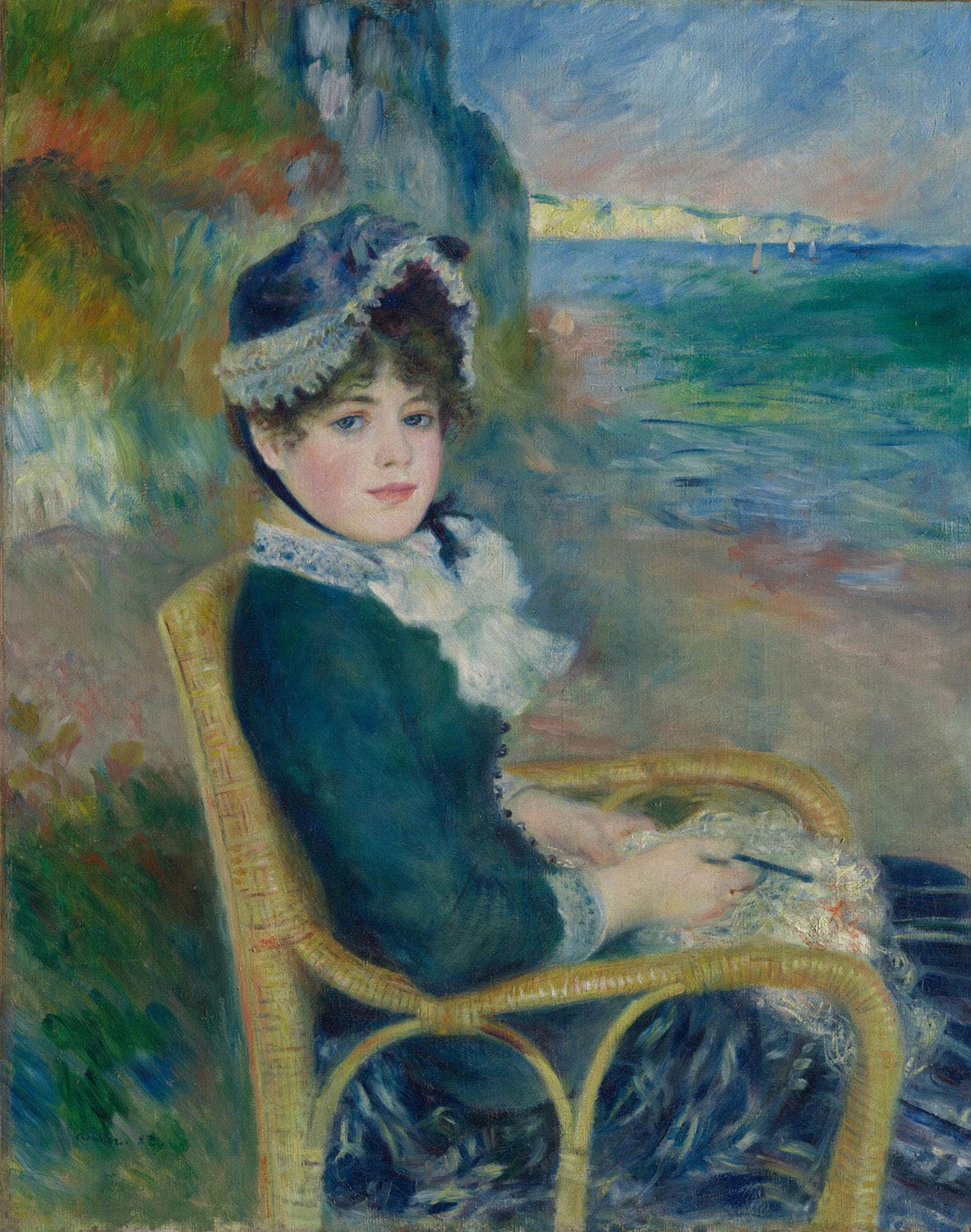 „Am Meeresufer“ von Pierre-Auguste Renoir zeigt eine sommerliche Strandlandschaft, die mit sanften Pinselstrichen und lebendigen Farben das ruhige Meer und das warme Licht des Tages einfängt. Der Impressionismus wird hier meisterhaft genutzt, um die natürliche Schönheit und Harmonie der Szenerie darzustellen.