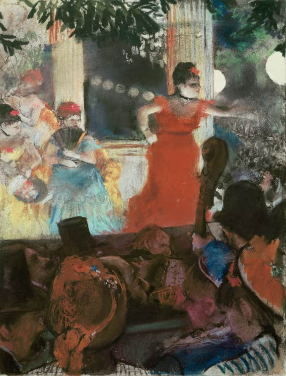 Kunstdruck des Gemäldes „Café-concert aux ambassadeurs“ von Edgar Degas mit einer lebhaften Szene aus dem Pariser Café-Concert. Hochwertig in Deutschland per Hand gefertigt, erhältlich als Poster oder Leinwand.