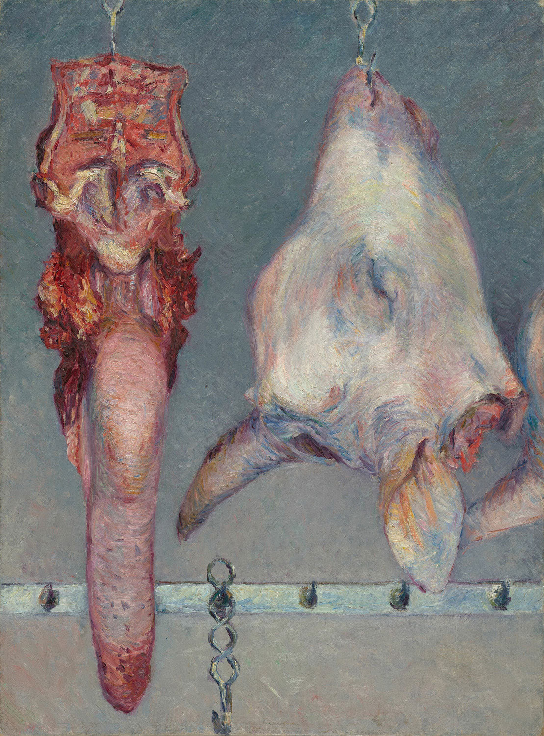 Das Gemälde "Kalbskopf und Ochsenzunge" von Gustave Caillebotte zeigt eine detailreiche Darstellung von Fleischstücken, die auf einem Tisch arrangiert sind. Die Komposition hebt die Texturen und Farben des Fleisches hervor und vermittelt eine realistische Darstellung des Themas. Die Verwendung von Licht und Schatten verleiht dem Werk Tiefe und betont die handwerkliche Qualität der Malerei.