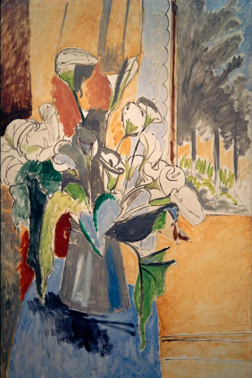 Kunstdruck des Gemäldes Calla-Lilienstrauß auf der Veranda von Henri Matisse, handgefertigt in Deutschland als Poster oder Leinwand erhältlich