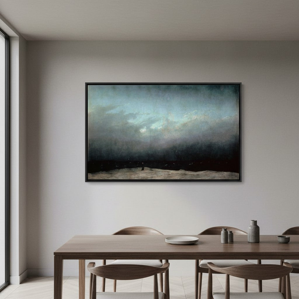 Caspar David Friedrich Der Mönch am Meer auf Leinwand in Schattenfugenrahmen an einer Wand hängend als Wanddekoration