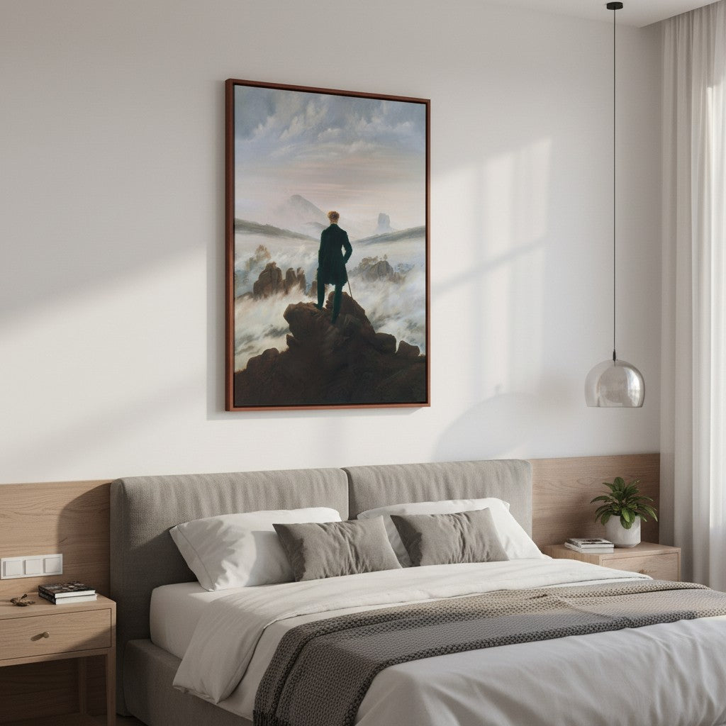 Caspar David Friedrich Der Wanderer über dem Nebelmeer auf Leinwand in Schattenfugenrahmen an Wand hängend
