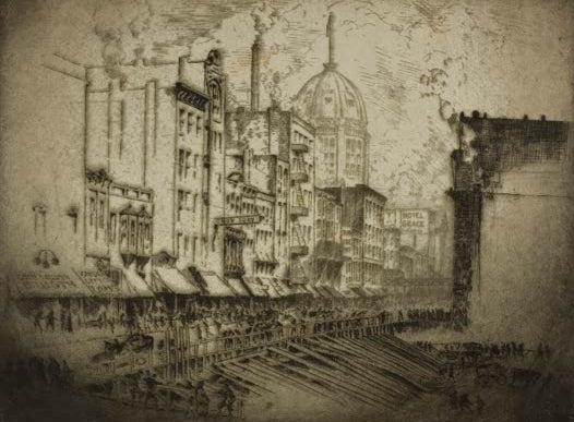 Chicago – Clark Street, Ecke Harrison Street von Bror Julius Olsson Nordfeldt als Kunstdruck, handgefertigt in Deutschland, erhältlich als Poster oder Leinwand.