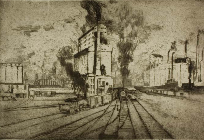 Chicago – Getreidesilos, South Deering von Bror Julius Olsson Nordfeldt als Kunstdruck, handgefertigt in Deutschland, erhältlich als Poster oder Leinwand.