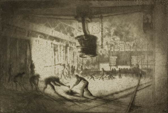 Chicago – Offener Herdofen, Illinois Steel Co. von Bror Julius Olsson Nordfeldt als Kunstdruck, handgefertigt in Deutschland, erhältlich als Poster oder Leinwand.